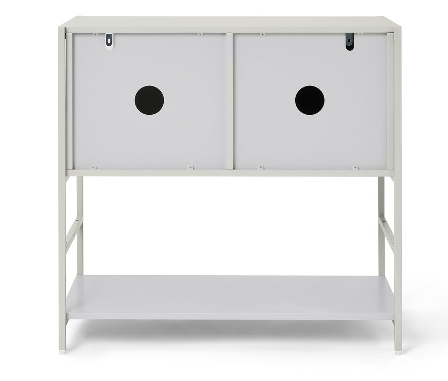 Sivá skrinka pod umývadlo s dvomi zásuvkami a otvorenou policou.