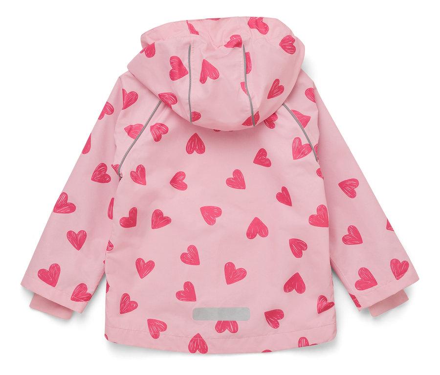 Ružová detská bunda so vzorom srdca, pohľad zozadu.