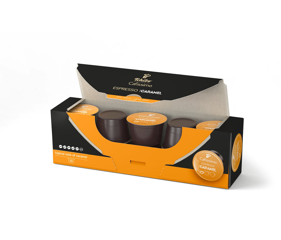Otvorené balenie kapsúl Cafissimo Flavoured Edition Espresso karamel – 10 kapsúl.
