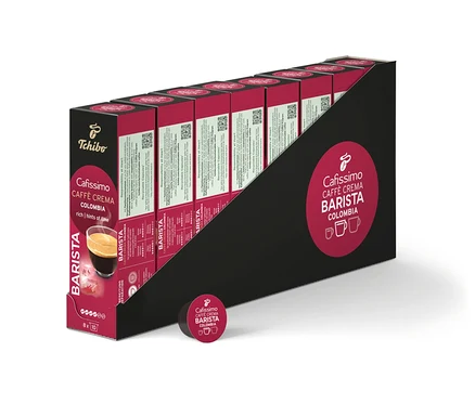 Balenie kávových kapsúl Cafissimo Barista Colombia. Kapsuly sú usporiadané v čiernom obale.