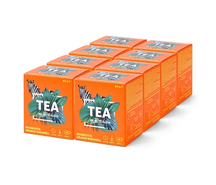 Usporiadanie ôsmich oranžových škatúľ čaju s nápisom "TEA by Tchibo Rooibostee Orange-Karamell".