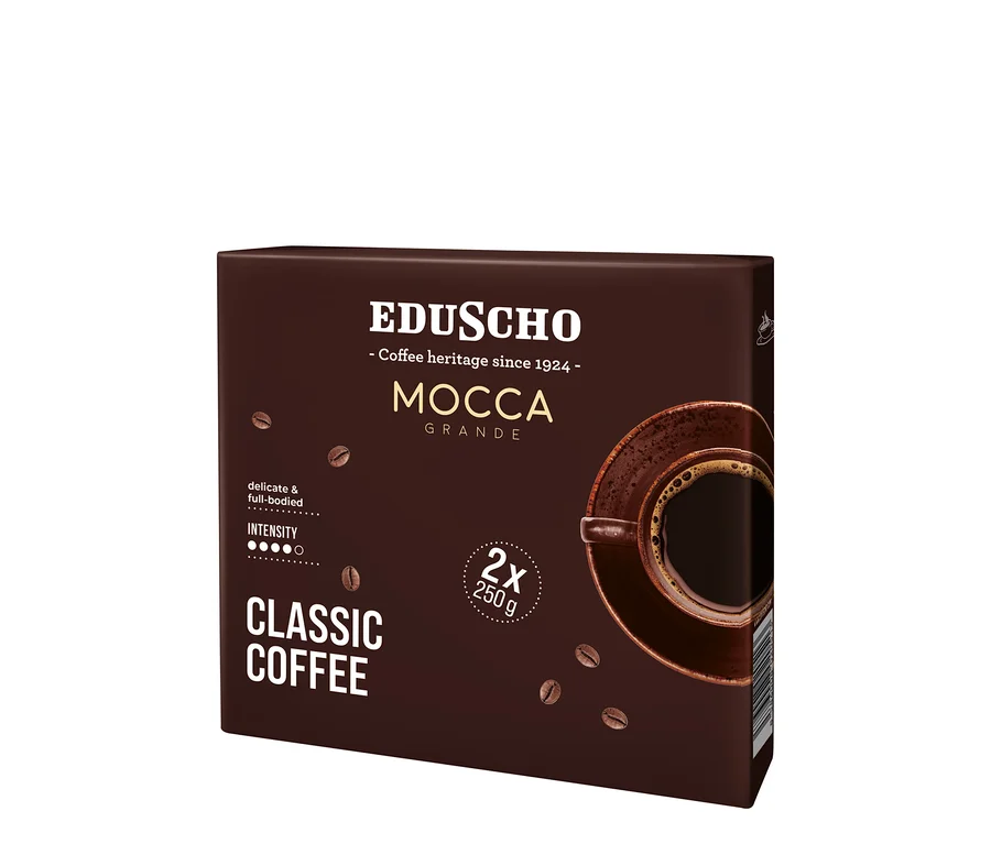 Balenie mletej kávy Eduscho Mocca Grande s obrázkom šálky kávy.
