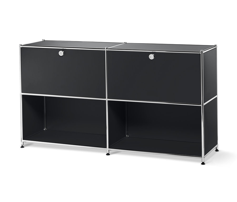 Čierna kovová odkladacia skrinka s 2 nastaviteľnými výklopnými priehradkami.