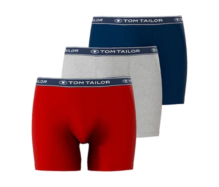Troje boxeriek Tom Tailor v červenej, sivej a modrej farbe leží na sebe.