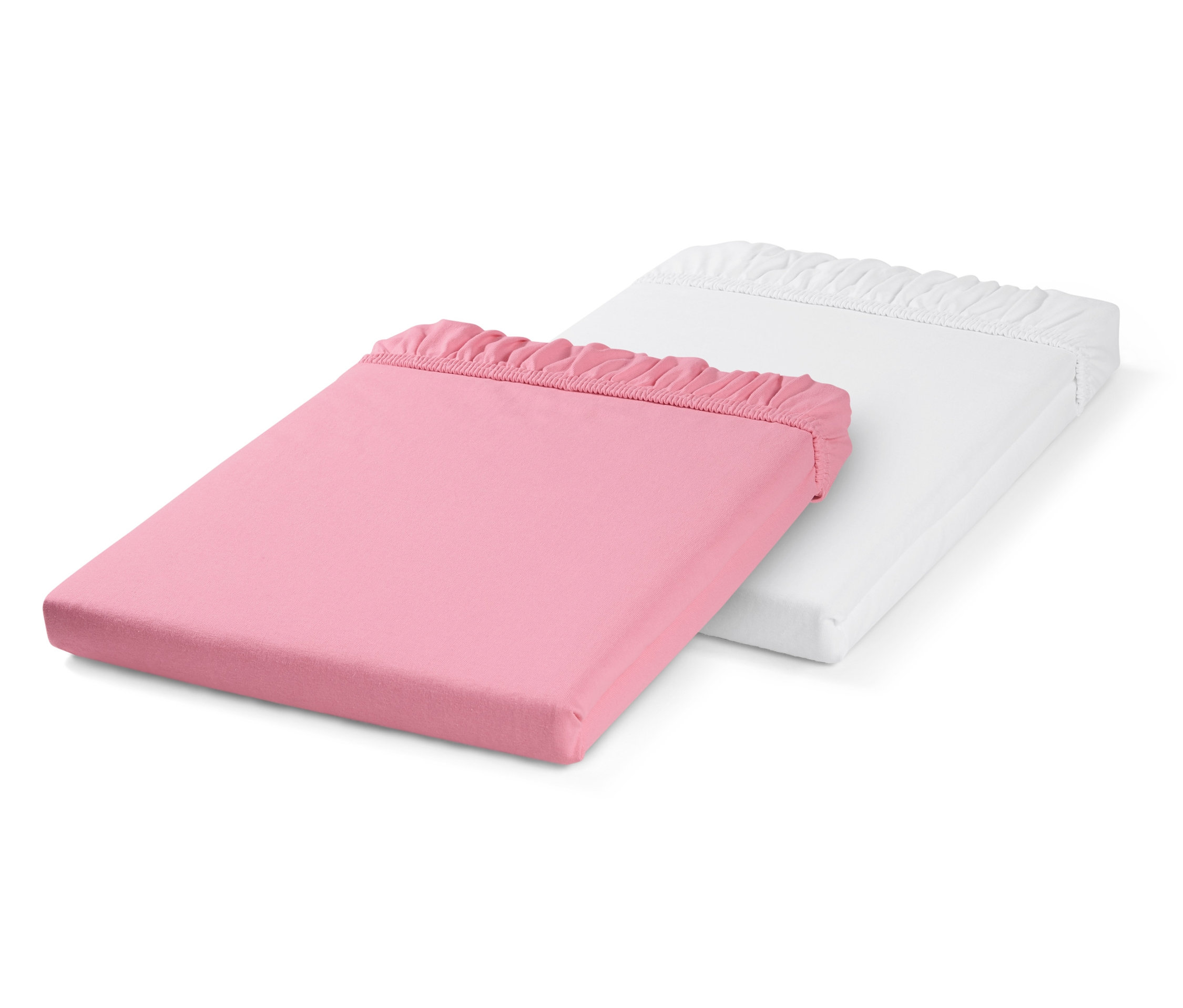 Detské napínacie prestieradlá, 2 ks, jedno ružové a jedno biele, ležia na sebe.