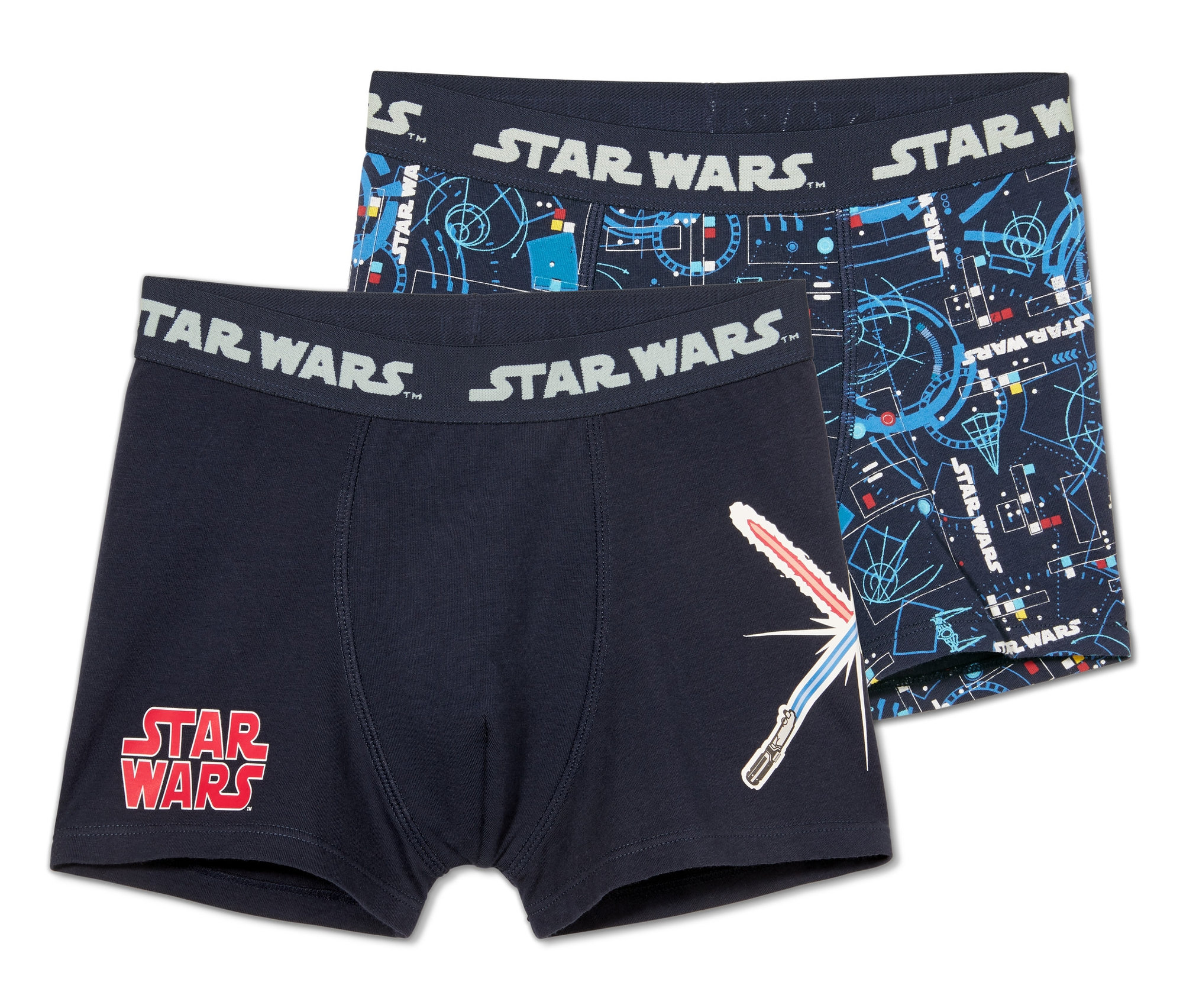 Dvoje boxerky »Star Wars«. Jedny sú tmavomodré s červeným logom a obrázkom svetelného meča, druhé s modrým geometrickým vzorom.