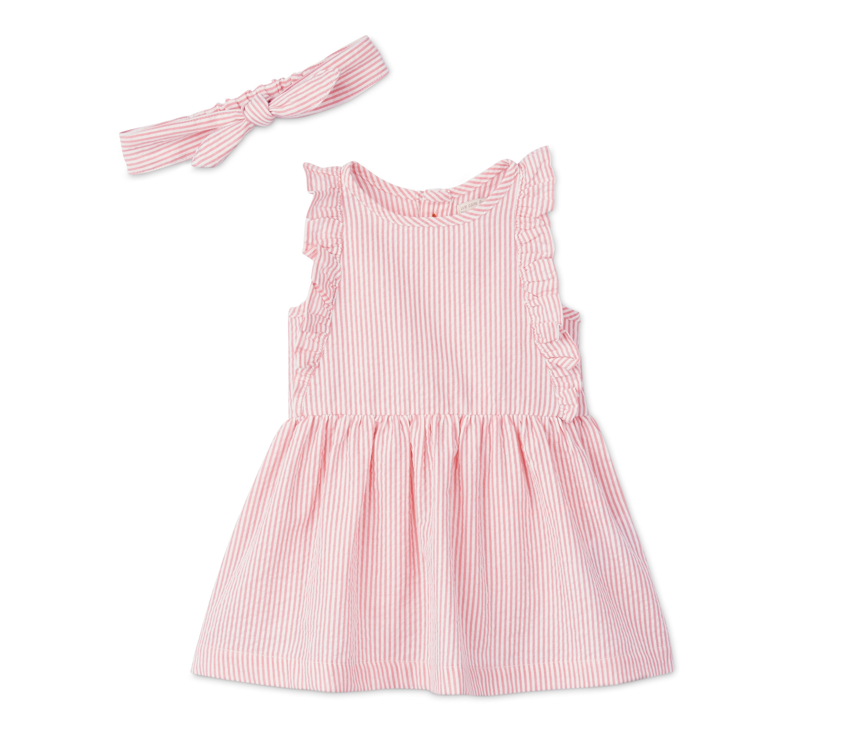 Detské bavlnené šaty so stuhou do vlasov s ružovými prúžkami.