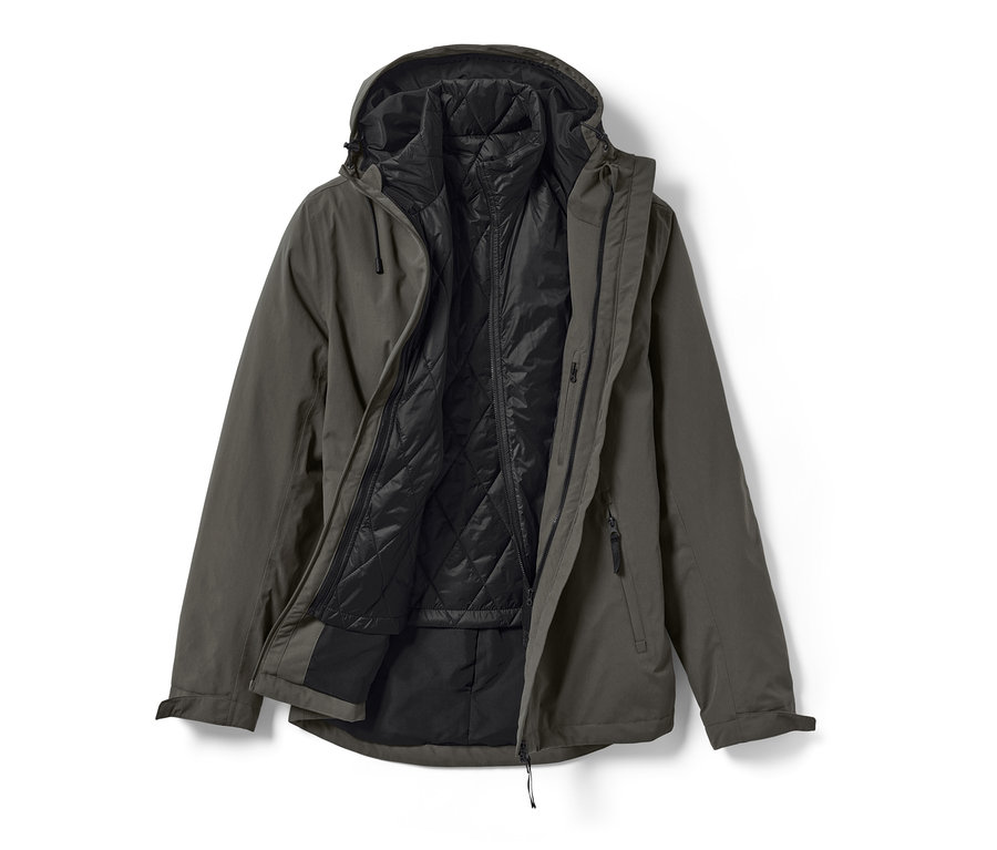 Rozložená outdoorová bunda 3 v 1 s vestou, bunda je olivovo zelená a vesta je čierna.