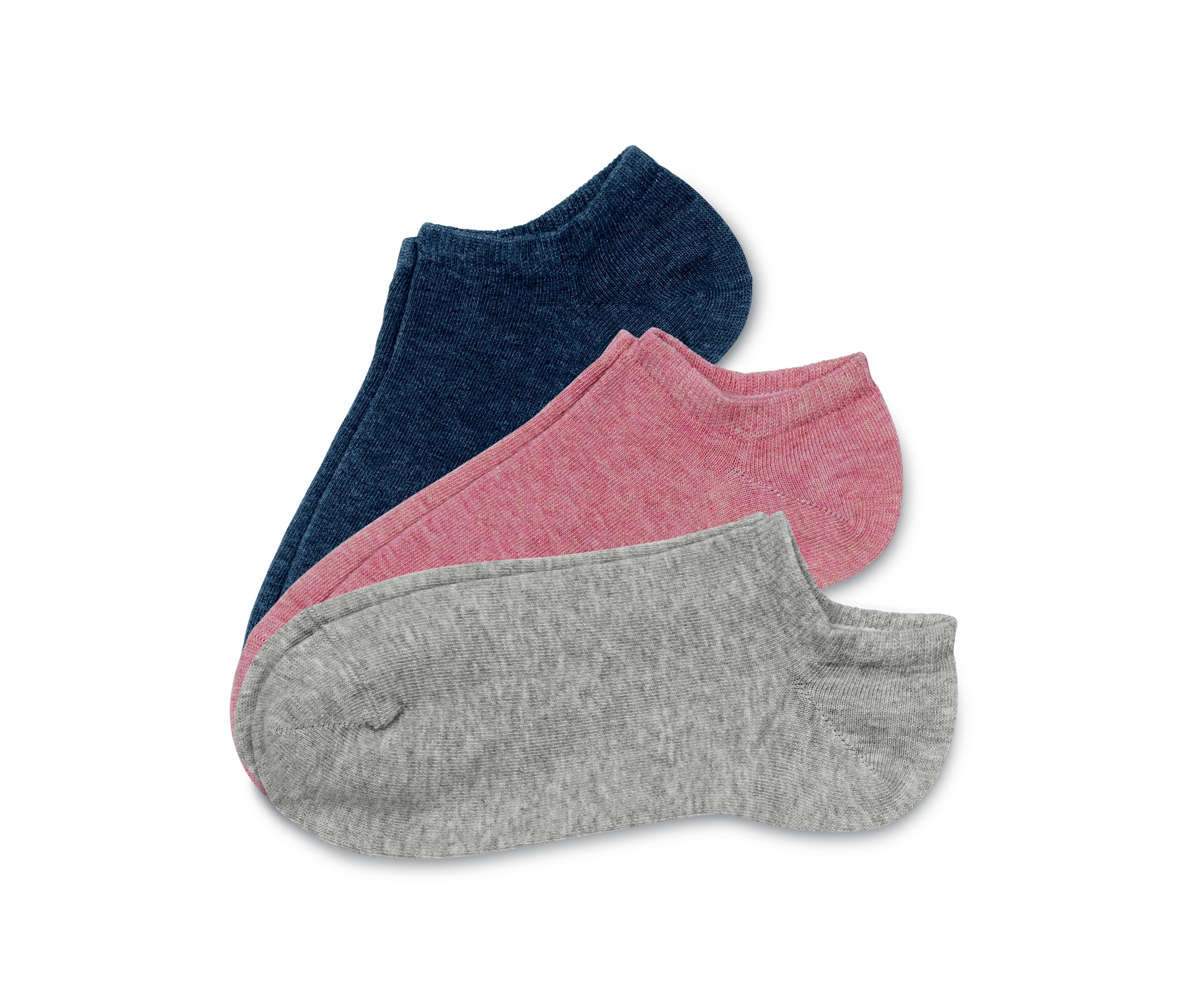 Tri páry nízkych ponožiek v modrej, ružovej a šedej farbe.