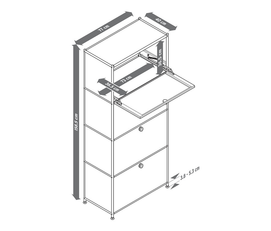 Nákres kovovej vysokej skrinky »CN3« so 4 výklopnými priehradkami, pričom jedna je otvorená.