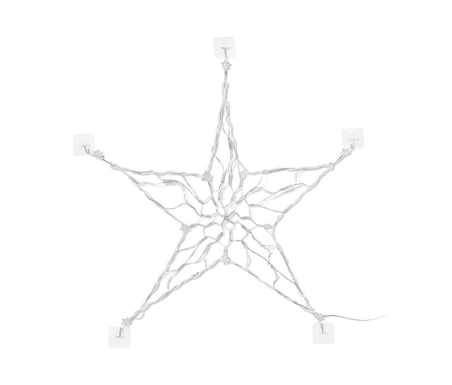 Svietiaca LED silueta hviezdy pripevnená na stene pomocou priehľadných držiakov.