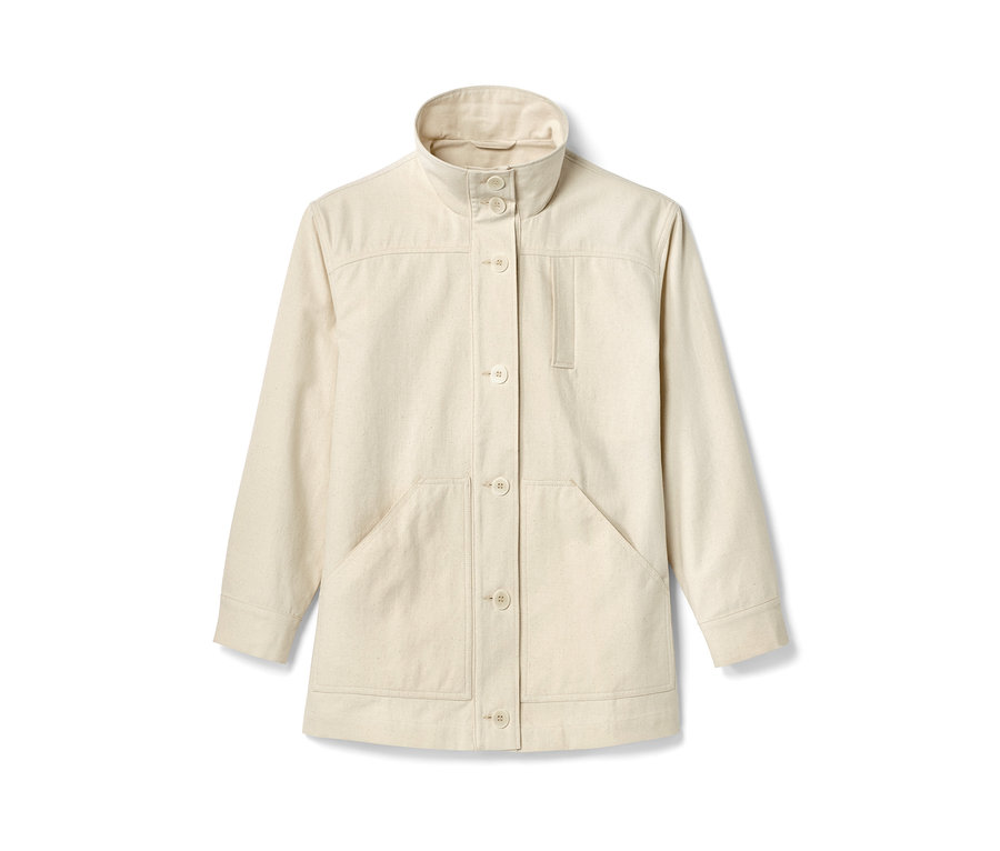 Béžová parka NAH/STUDIO | nefarbená bavlna s dlhými rukávmi, zapínaním na gombíky a vreckami.