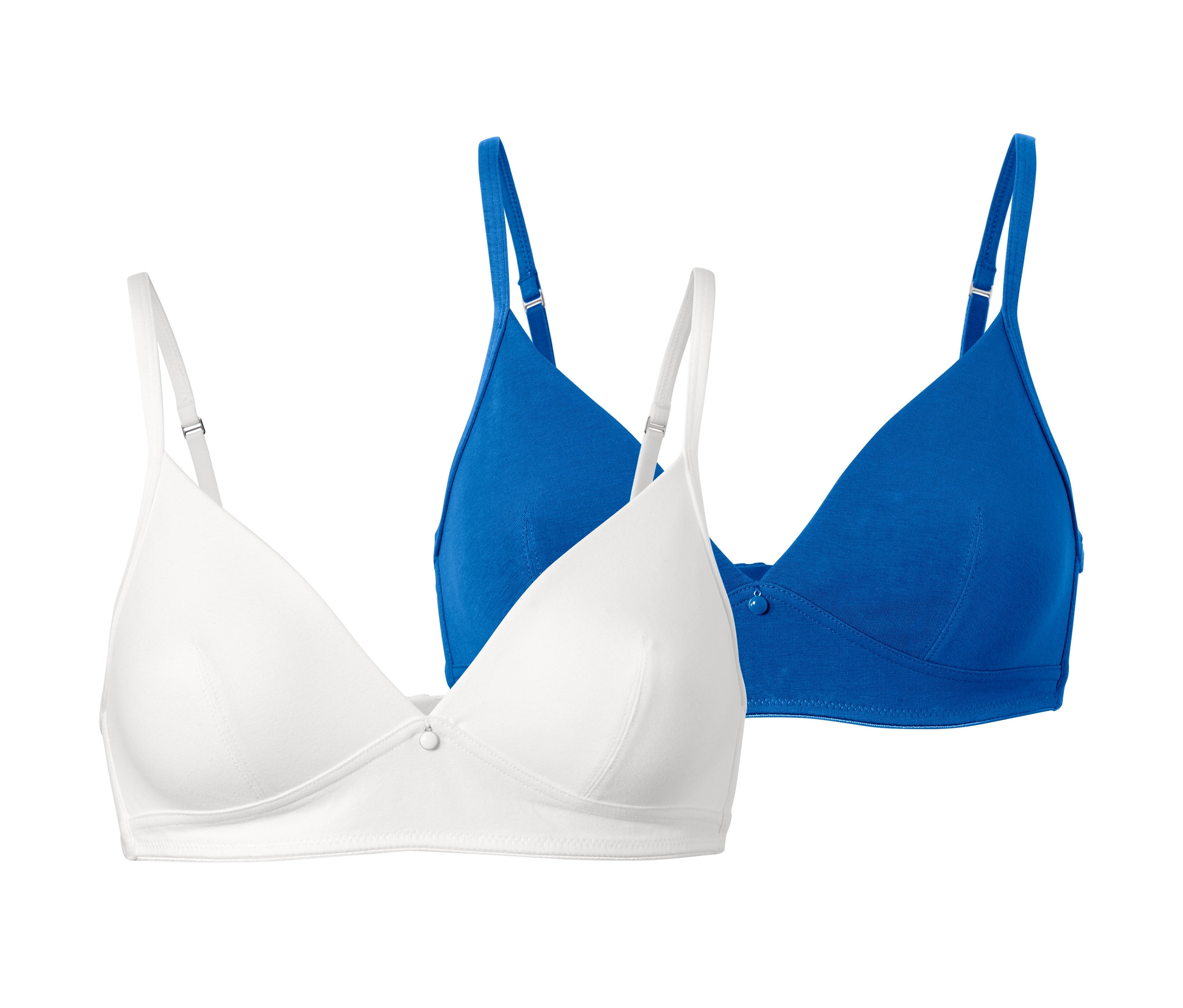 Dve mäkké podprsenky: biela a modrá.