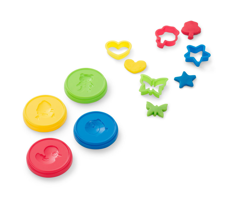 Viacfarebná súprava s plastelínami s viečkami s vyrazenými zvieratami a vykrajovátkami.