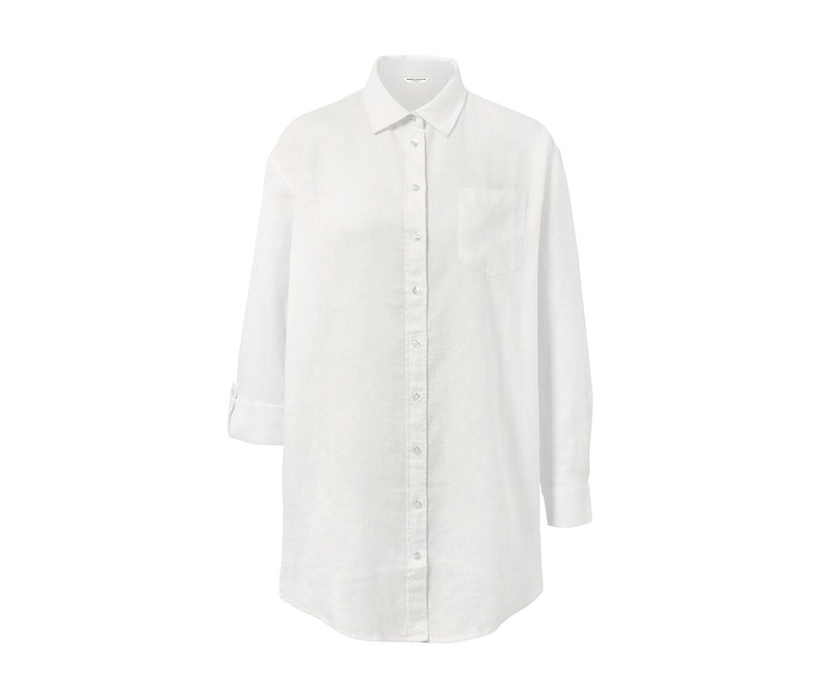 Biela ľanová blúzka s dlhými rukávmi a gombíkmi.