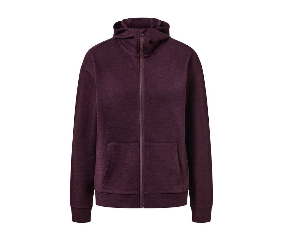 Hnedofialová bunda s kapucňou s vlnou s certifikátom RWS so zipsom a vreckami.