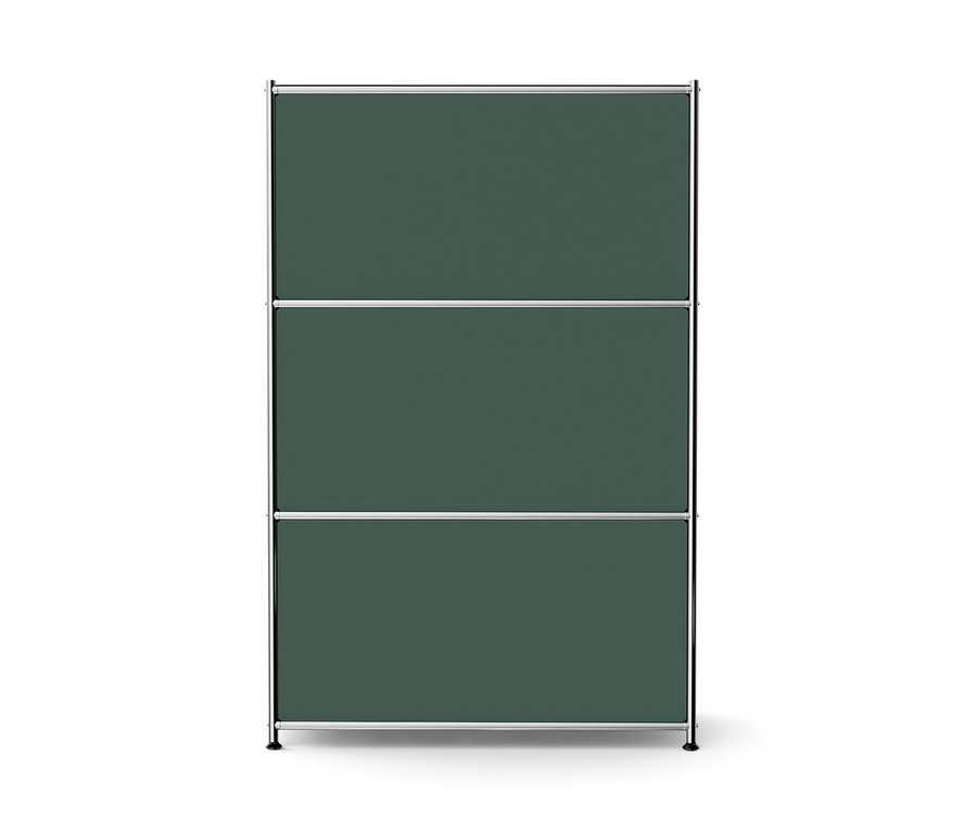 Olivovo zelená kovová komoda »CN3« s 2 výklopnými priečinkami a 2 zásuvkami.