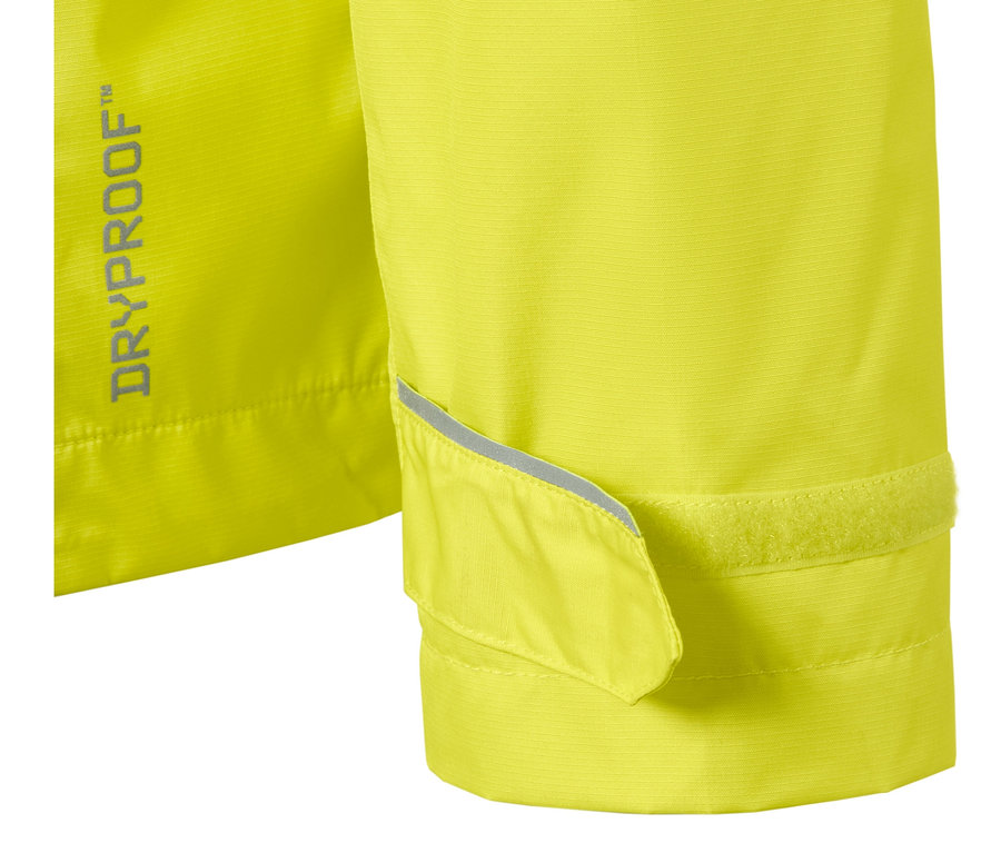 Detail limetkovej unisex bundy do dažďa s nápisom "DRYPROOF".