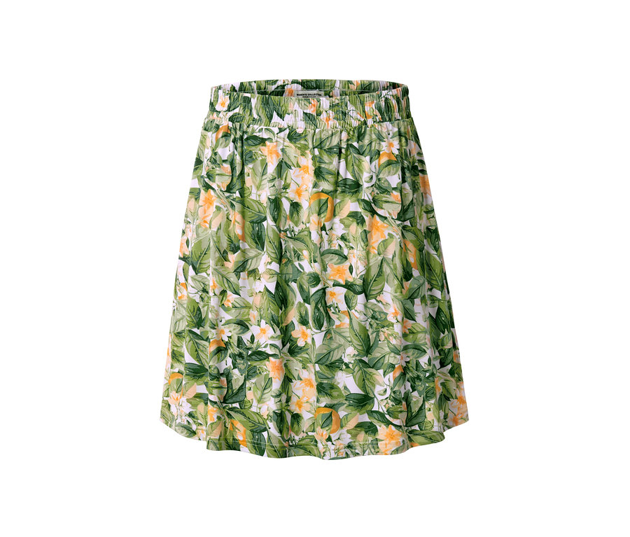 Dámska džersejová sukňa s potlačou listov a kvetov.