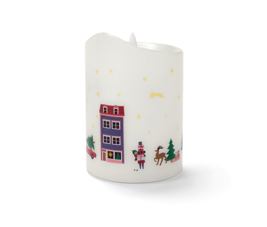 Biela LED sviečka z pravého vosku s vianočnými motívmi.