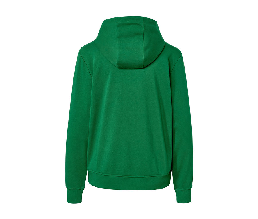 Zadná strana zelenej mikiny s kapucňou.