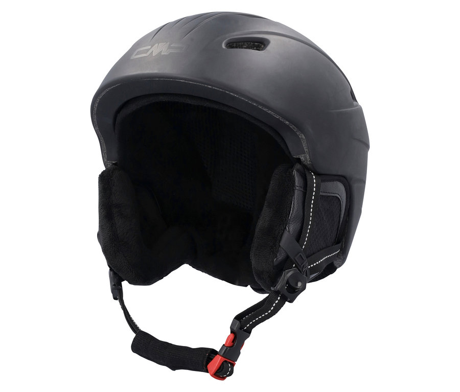 Čierna lyžiarska prilba s chráničmi uší.