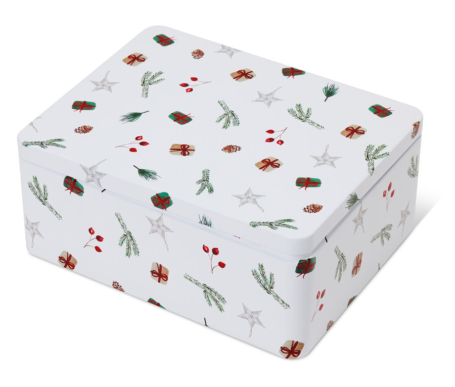Biela plechová dóza s vianočným motívom hviezd, vetvičiek, bobúľ a darčekov.