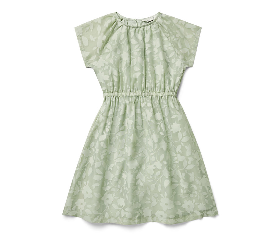 Zelené detské šaty s kvetinovým vzorom.