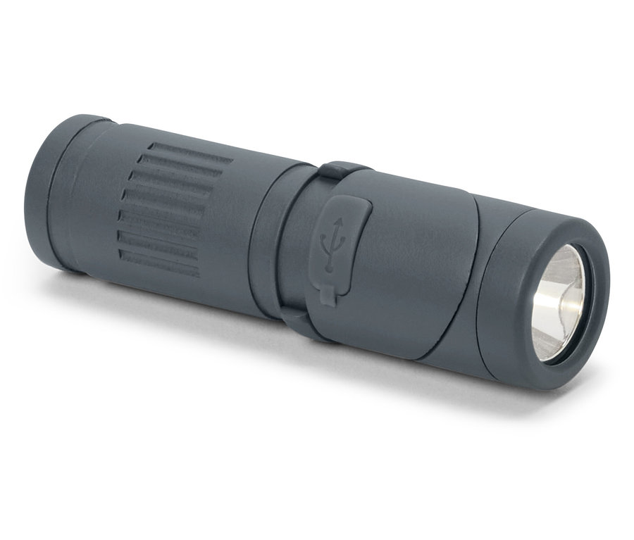 Sivé 2-v-1 LED multifunkčné svietidlo leží vodorovne.