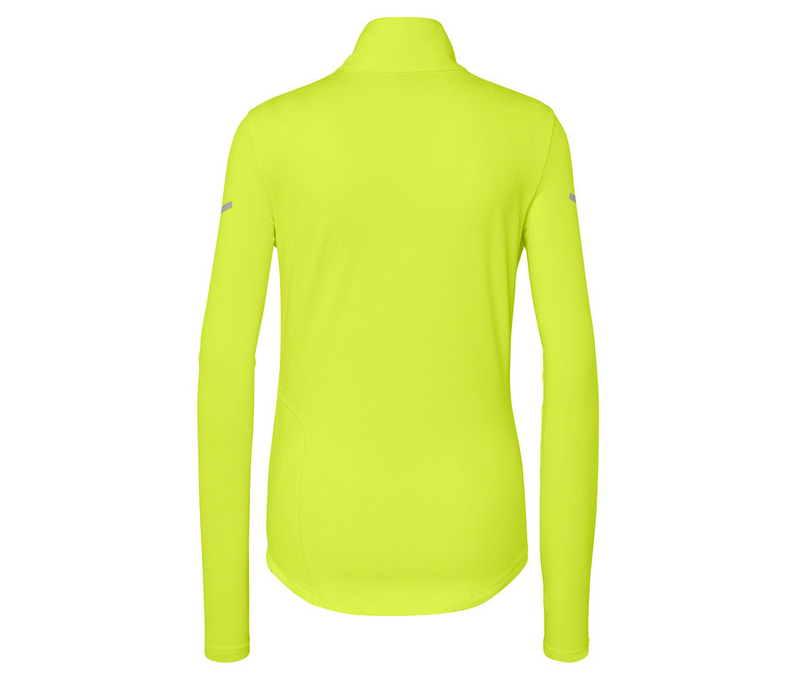 Pohľad zozadu na neónovožltý športový top s dlhým rukávom a zipsom pri krku.