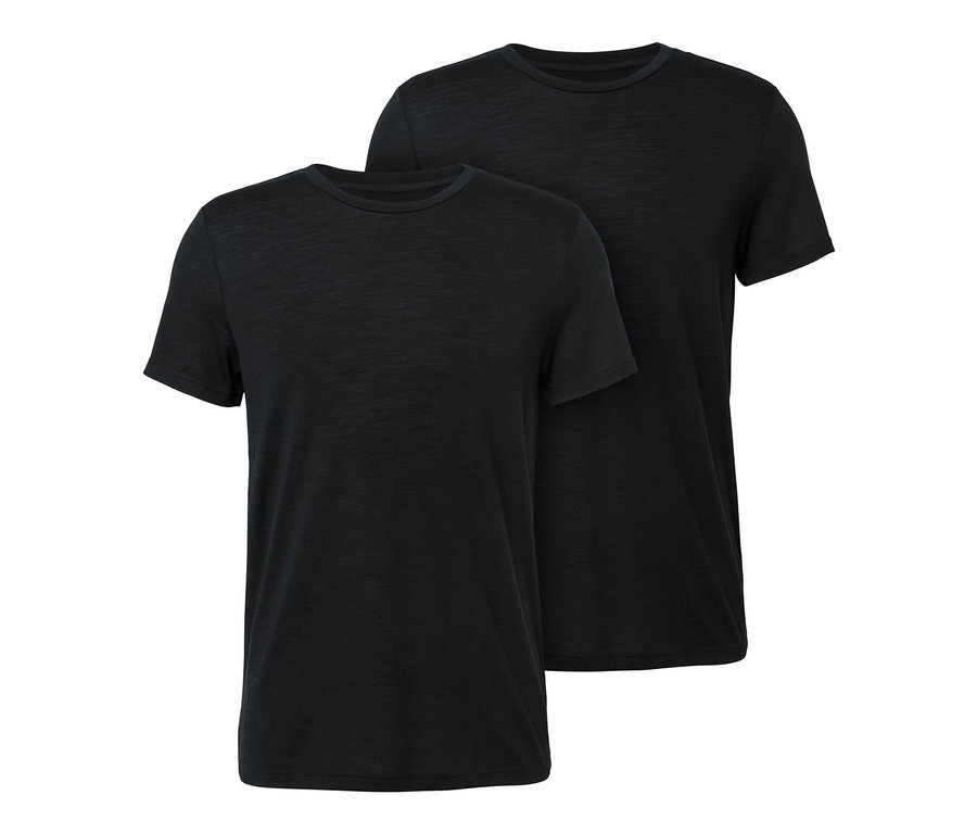Dve čierne tričká s krátkym rukávom s merino vlnou.