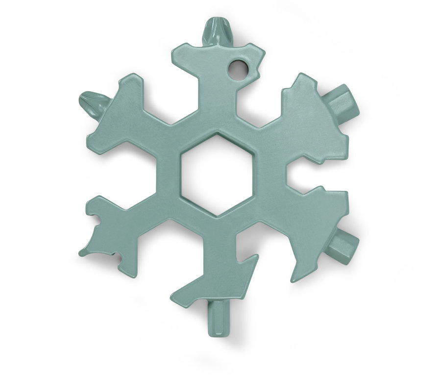 Zelený multifunkčný kľúč v tvare snehovej vločky na bielom pozadí.