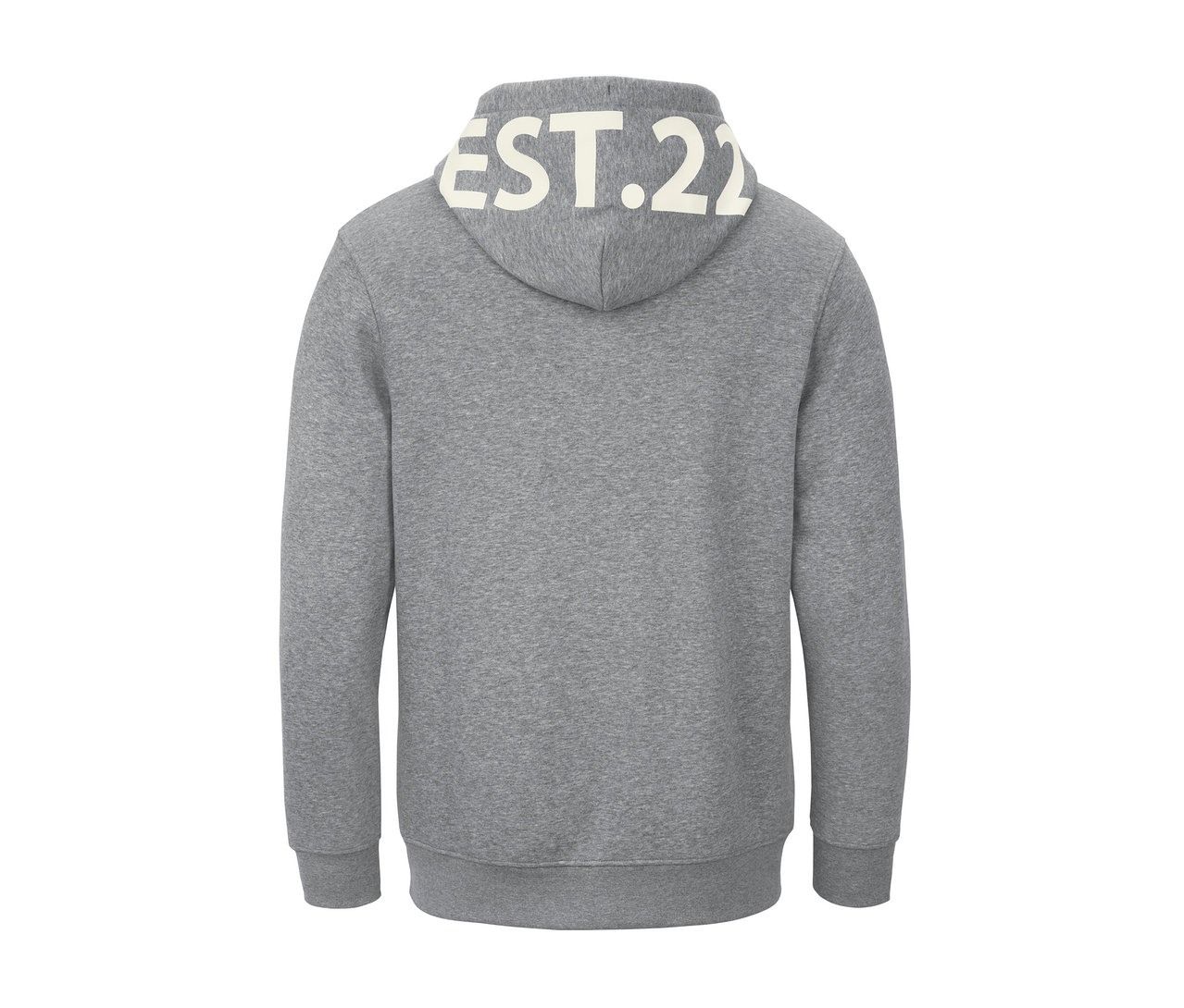 Sivá mikina s kapucňou s nápisom EST.22 na kapucni.