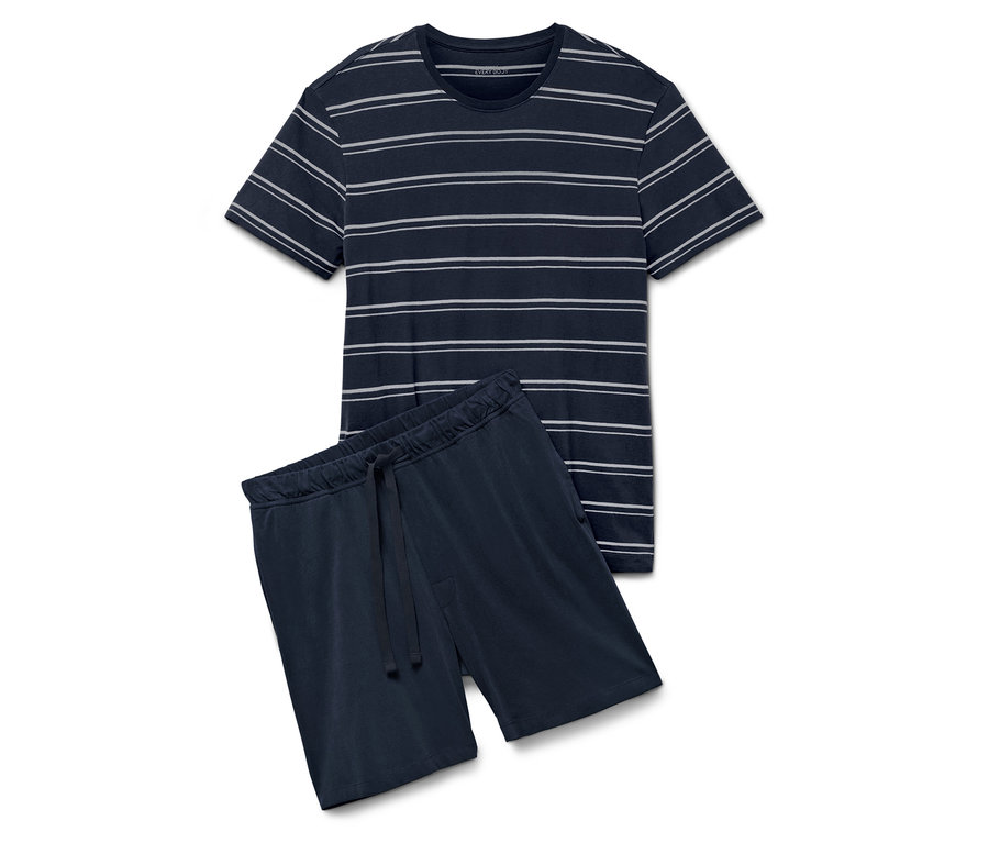 Pruhované pyžamo s krátkym rukávom a šortkami v tmavomodrej farbe.