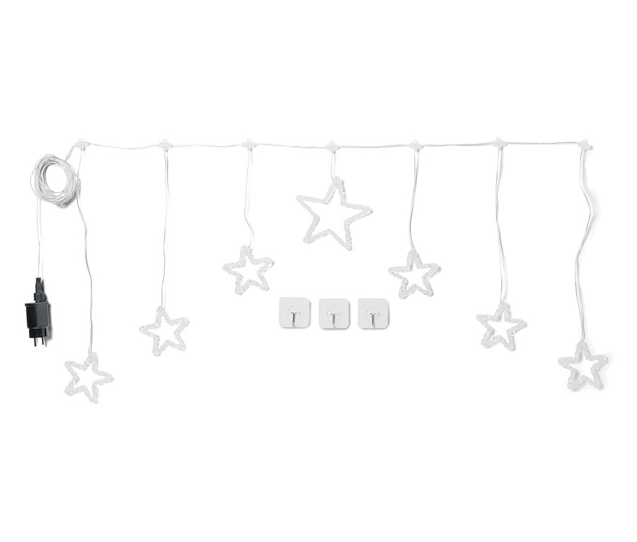 Biely svetelný reťaz s hviezdami a tromi držiakmi káblov na bielom pozadí.
