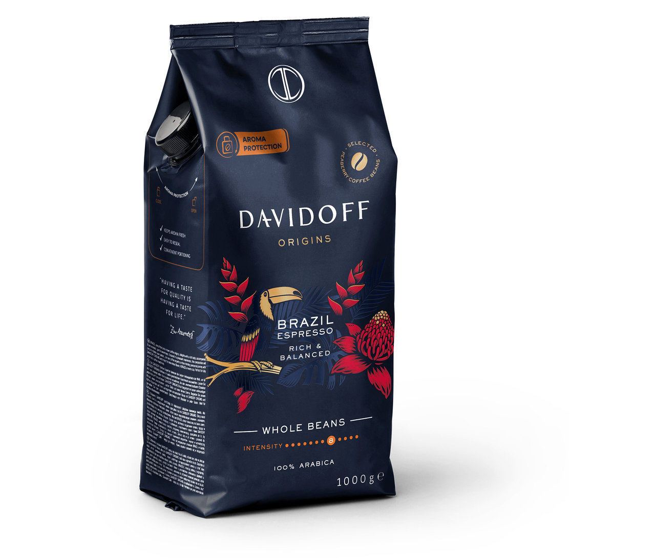 Čierne balenie kávy DAVIDOFF CAFÉ ORIGINS Brazil s hmotnosťou 1 kg.