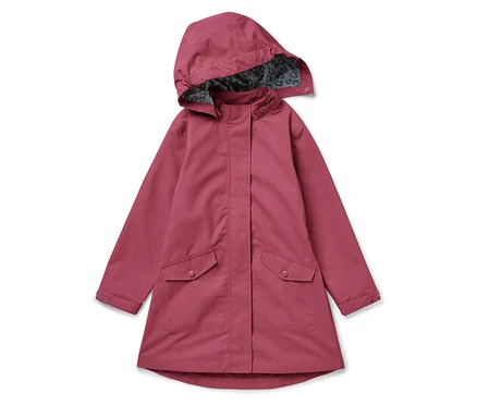 Ružová detská parka do dažďa s kapucňou a podšívkou so zvieracou potlačou.