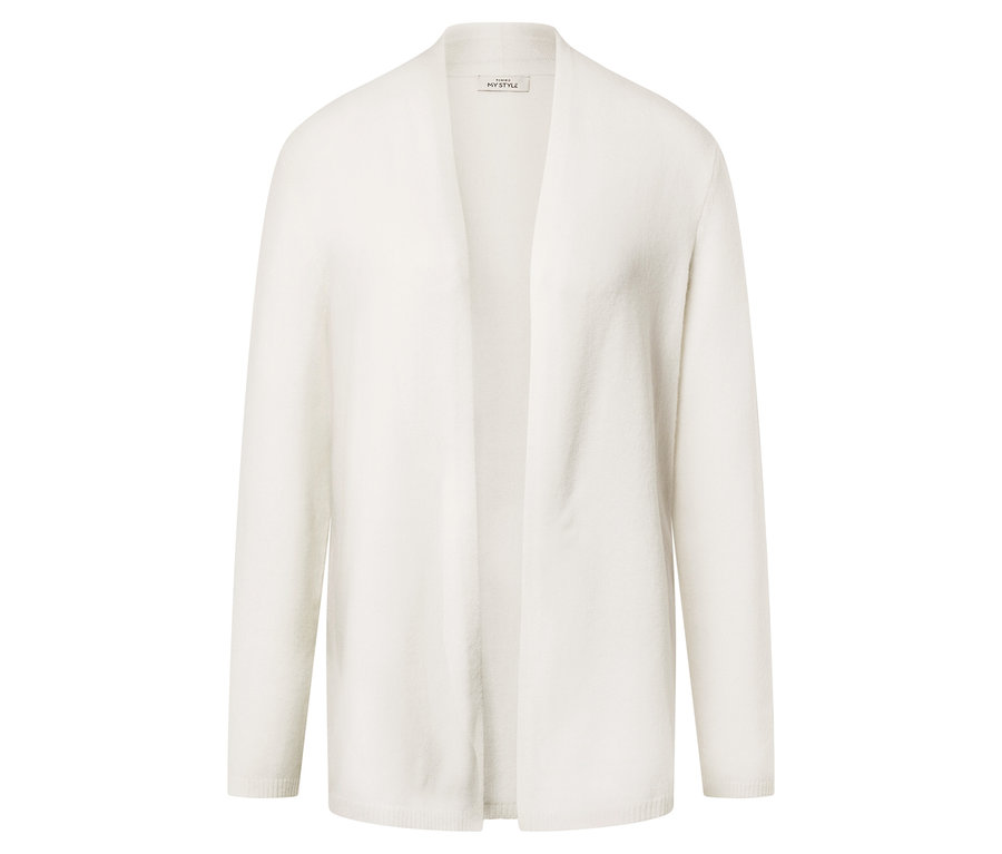 Biely otvorený kardigán s dlhými rukávmi leží na plocho.
