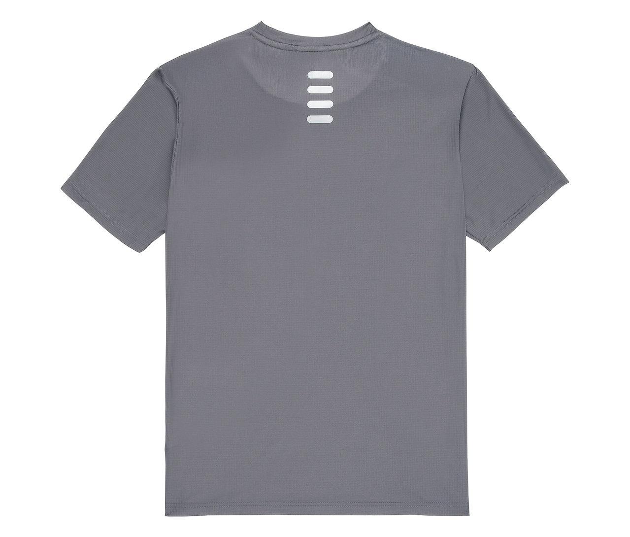 Sivé funkčné tričko FILA pre mužov zozadu so štyrmi horizontálnymi bielymi pruhmi pod krkom.