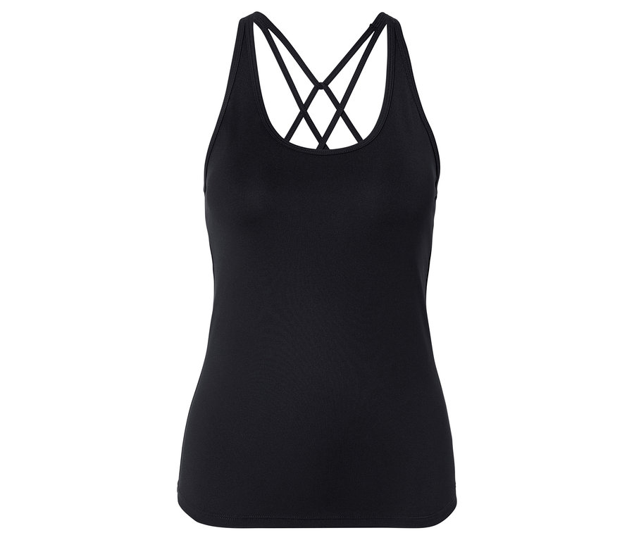 Čierny tielko s prekríženými ramienkami na chrbte.