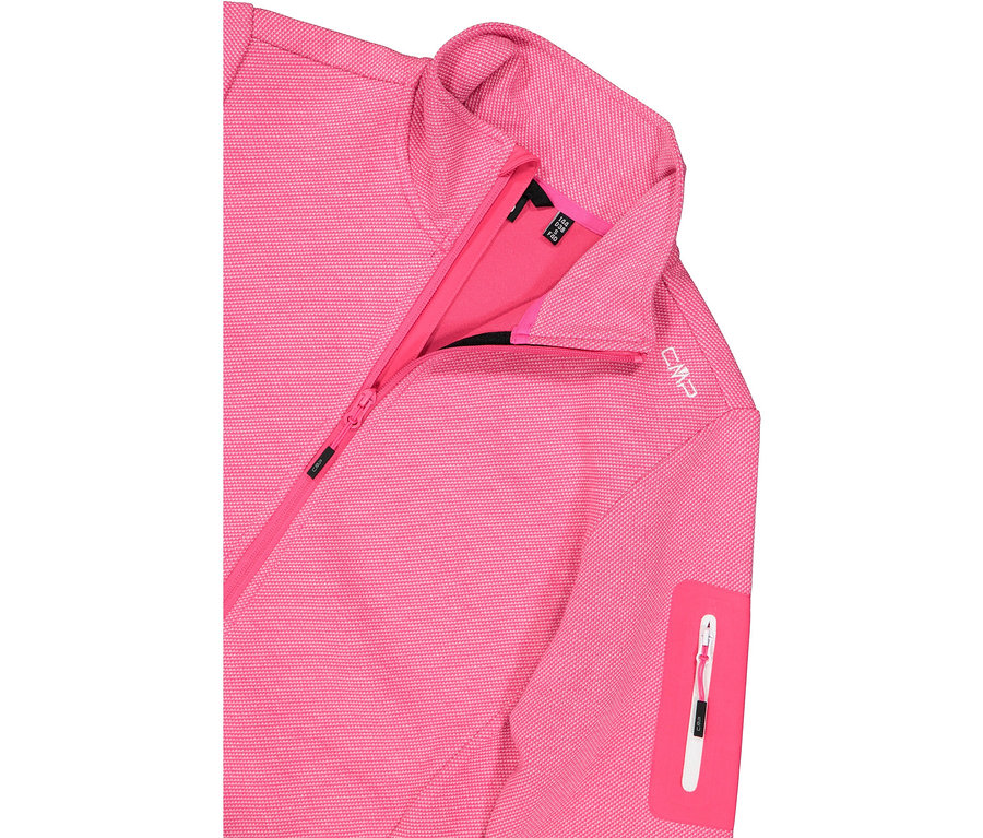 Detail ružovej bundy CMP so zipsom a vreckom na rukáve.