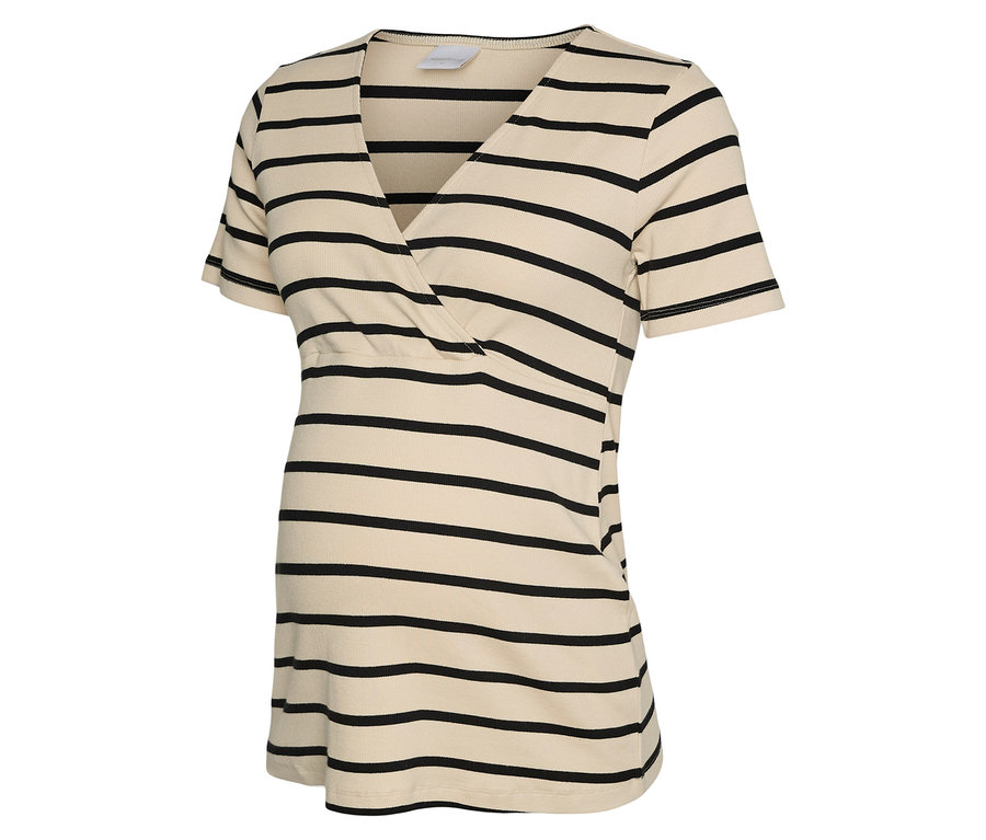 Tehotenský top s béžovými a čiernymi pruhmi s výstrihom do V.
