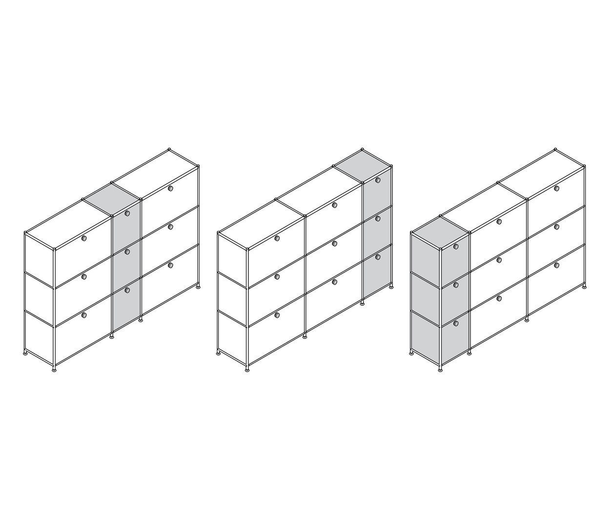Tri komody »CN3« s 9 výklopnými dvierkami, jedna sivá, jedna biela a jedna čierna.