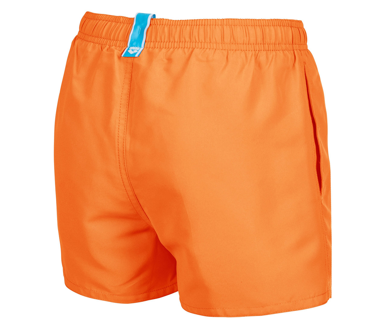 Detail oranžových plaviek so šnúrkou a vreckom.