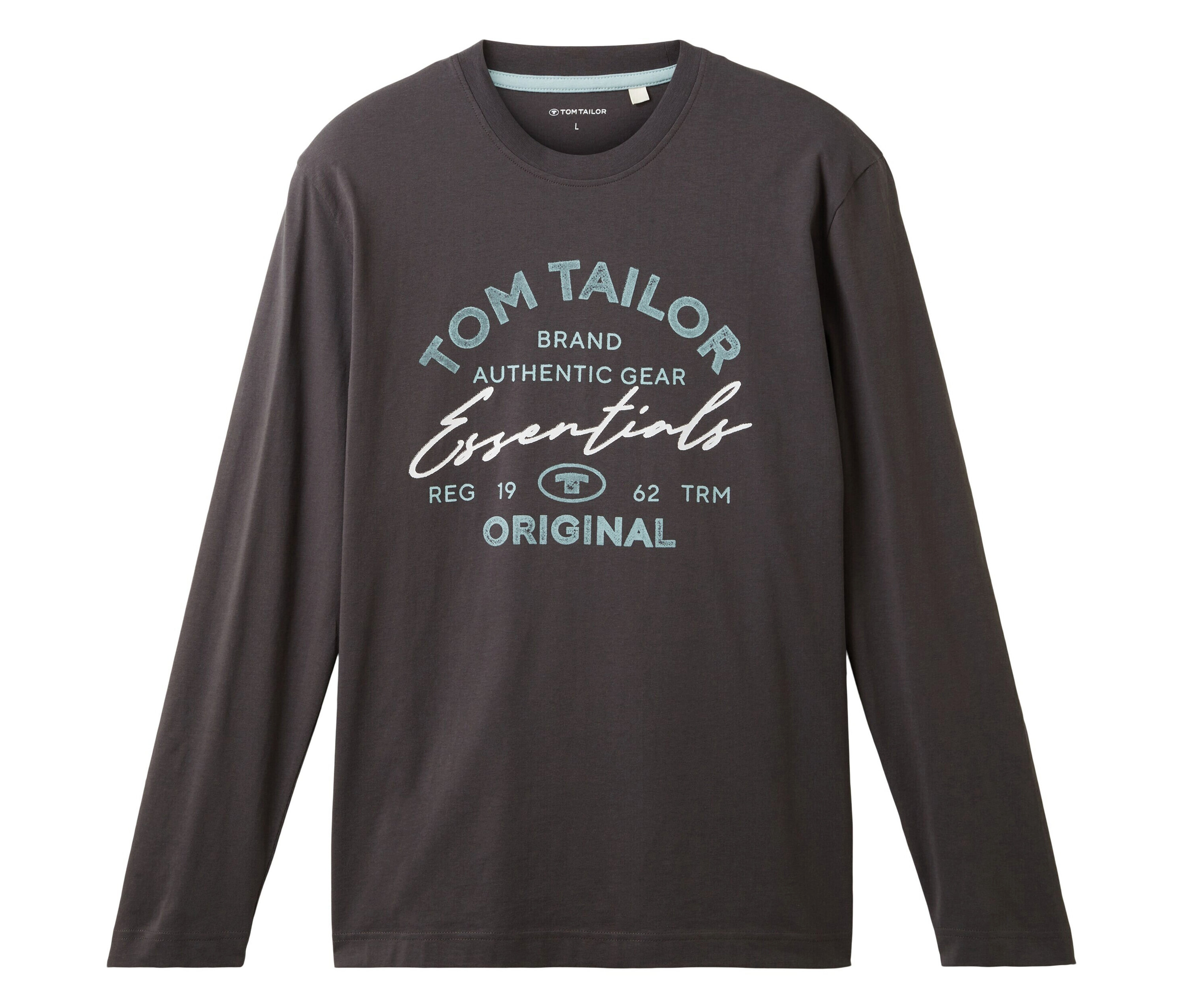 Sivé tričko s dlhým rukávom s potlačou "TOM TAILOR BRAND AUTHENTIC GEAR Essentials ORIGINAL".