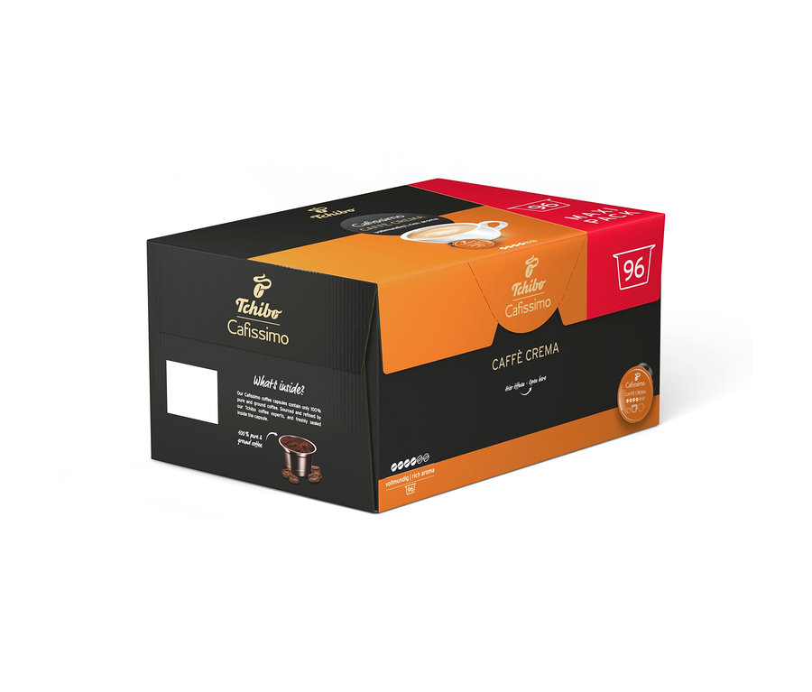 Čierno-oranžové balenie kávových kapsúl Tchibo Cafissimo Caffè Crema s 96 kapsulami.