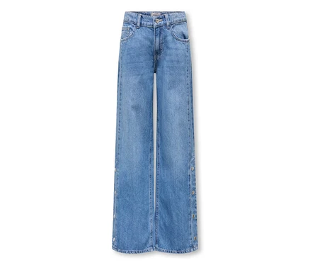 Modré široké džínsy zo svetlomodrého denimu so striebornými gombíkmi pozdĺž vonkajších švov.