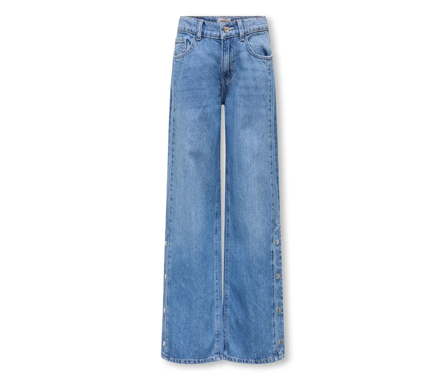 Modré široké džínsy zo svetlomodrého denimu so striebornými gombíkmi pozdĺž vonkajších švov.