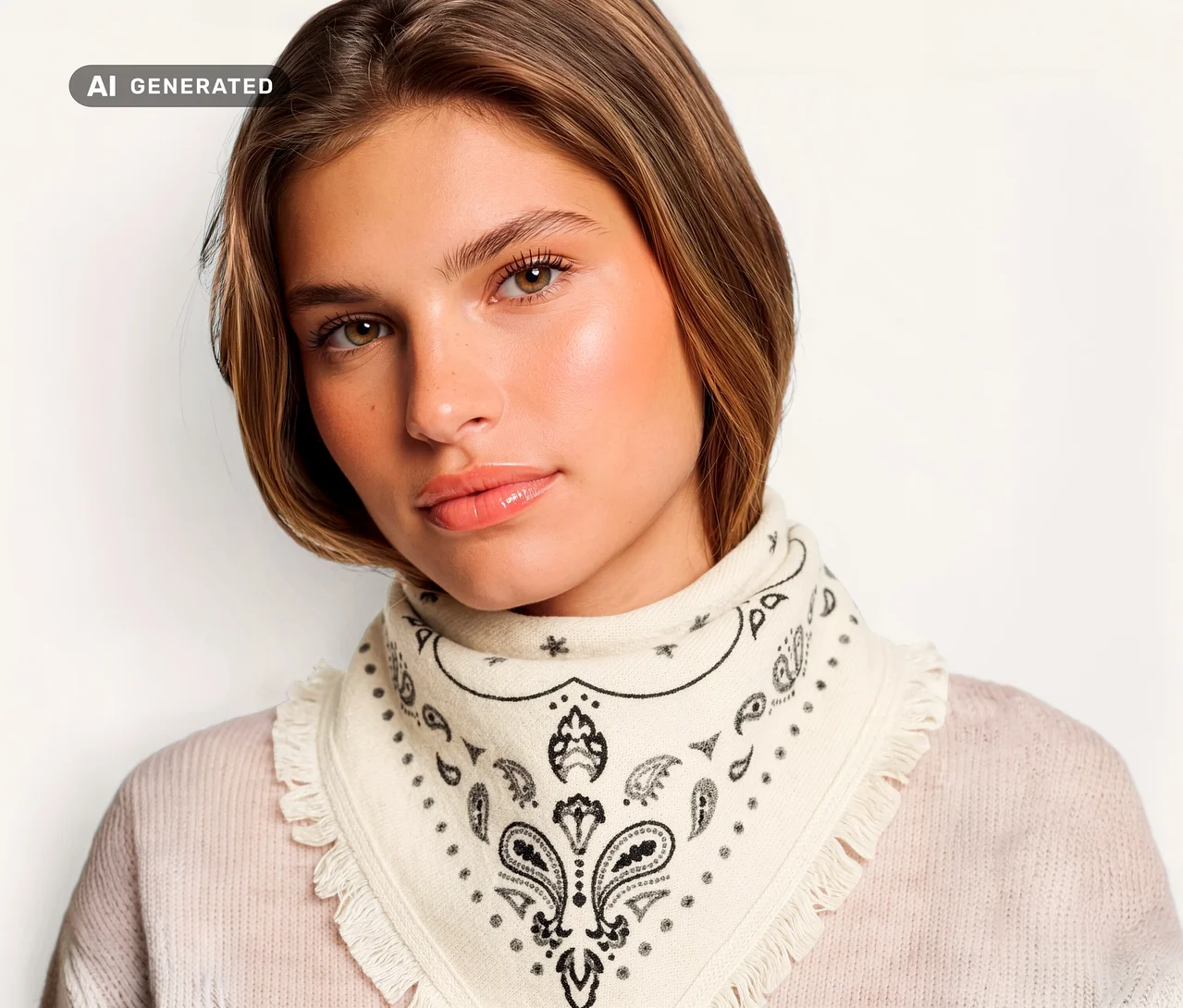 Mladá žena má na krku krémovú pletenú šatku bandana s prímesou vlny a kašmíru s čiernym paisley vzorom.