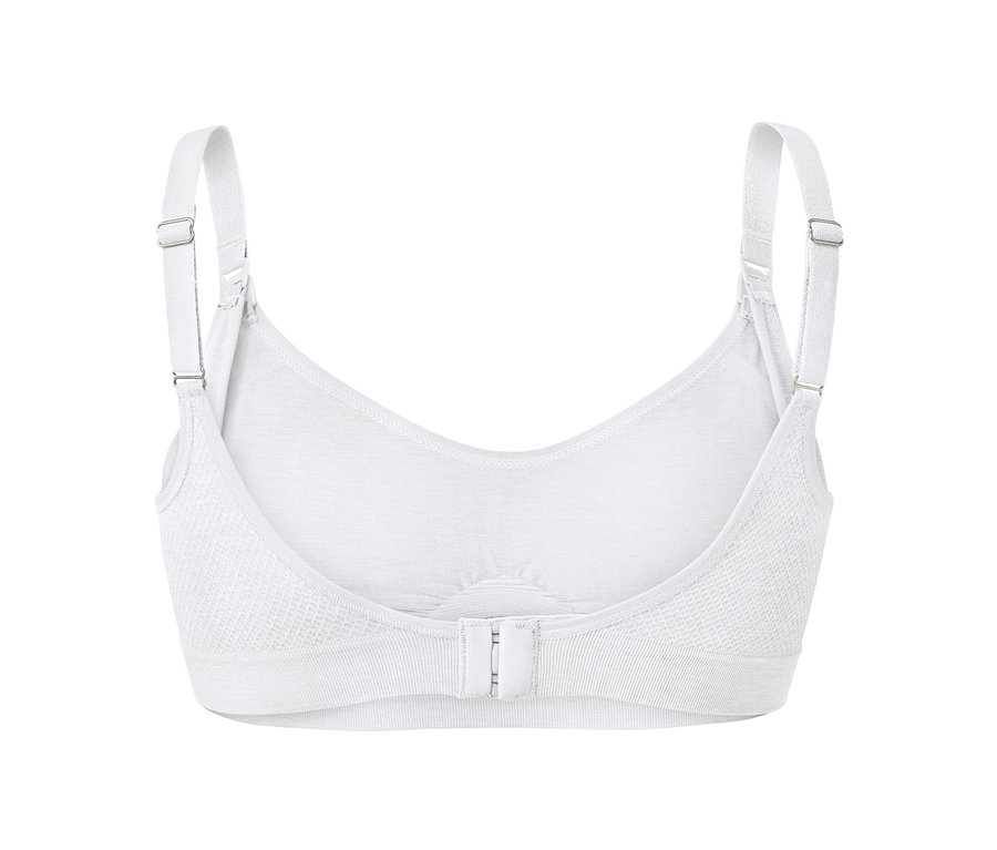 Detailný pohľad zozadu na bielu bezšvovú podprsenku na dojčenie (2 ks).